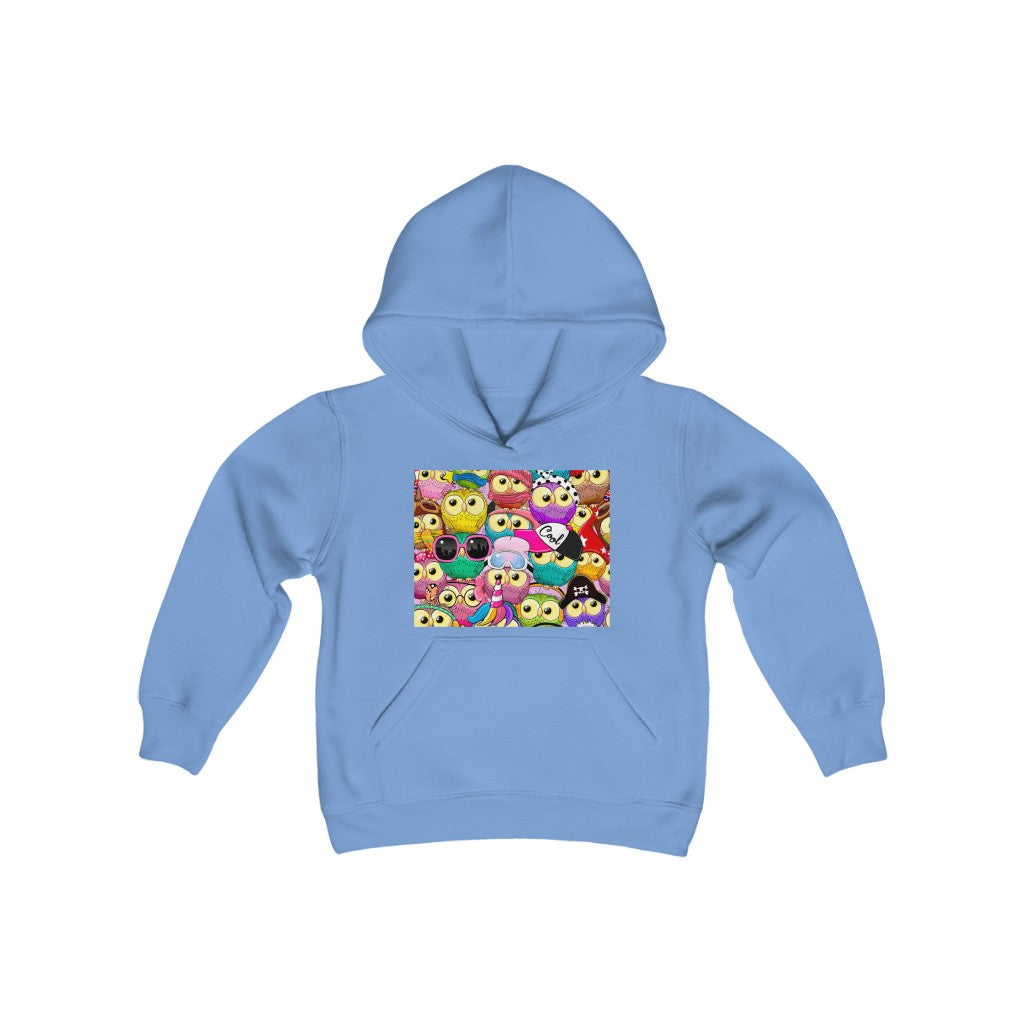 Youth Heavy Blend Hooded Sweatshirt "Colorful Pattern with cute cartoon owls"