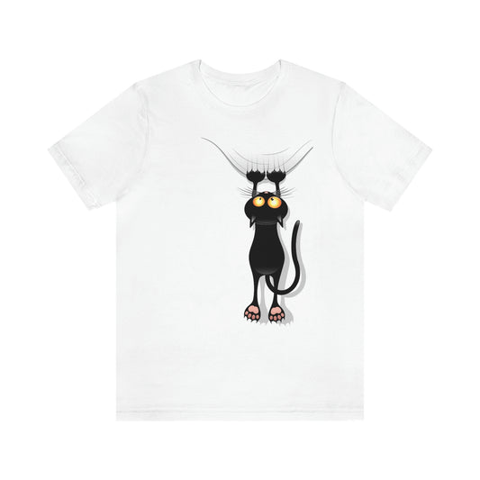 Unisex Jersey Short Sleeve Tee "Funny Cat Cartoon Scratching Curtain"