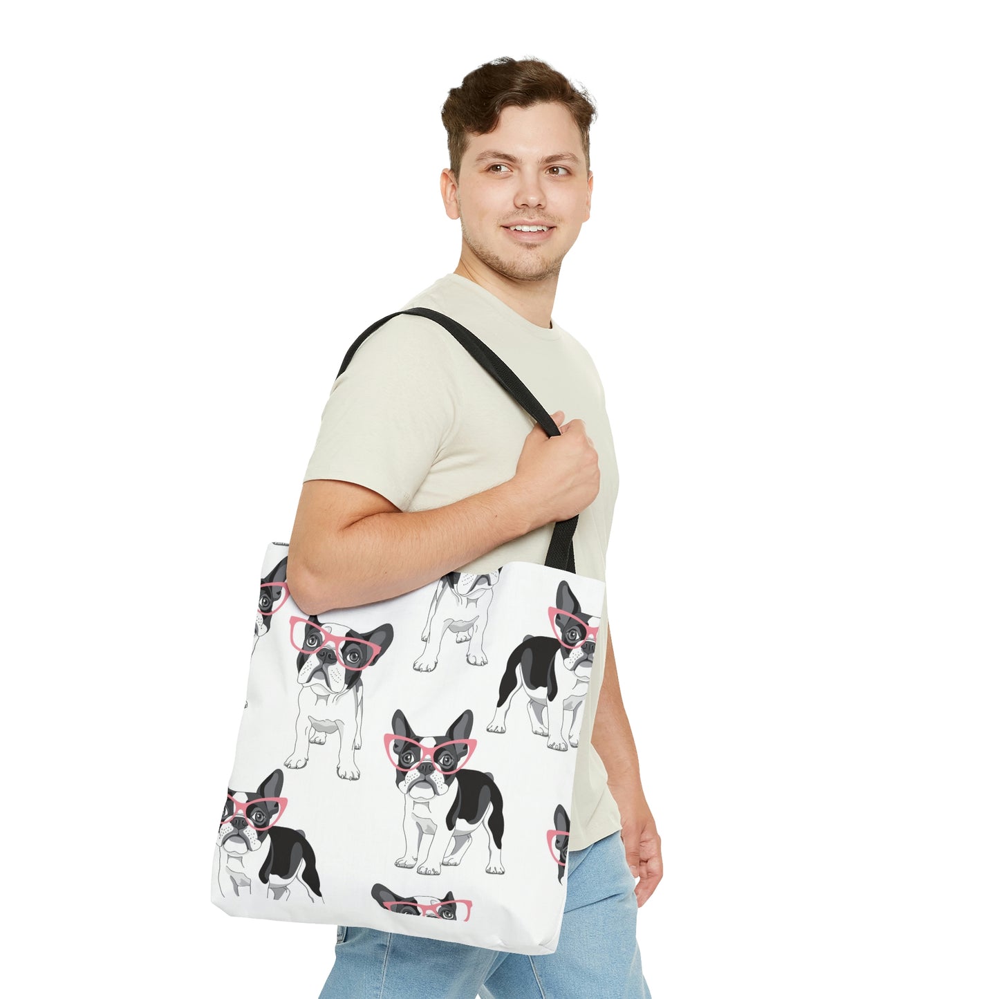 AOP Tote Bag "Pattern with cartoon French Bulldog in a pink glasses"