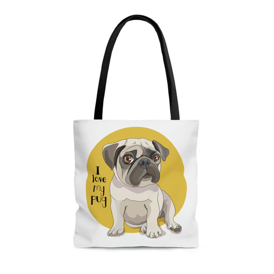 AOP Tote Bag "Puppy Pug on a yellow background"
