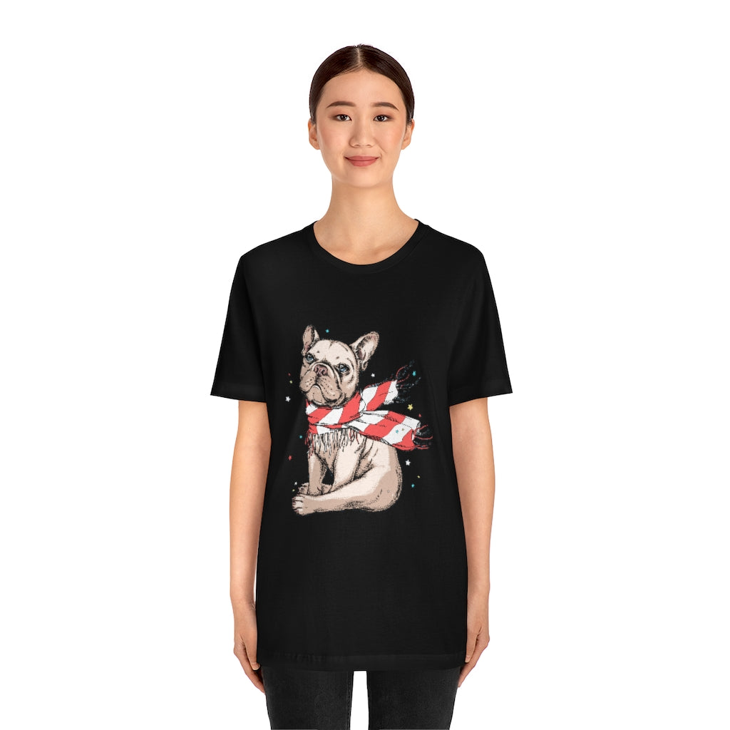 Unisex Jersey Short Sleeve Tee "French bulldog in a striped scarf"