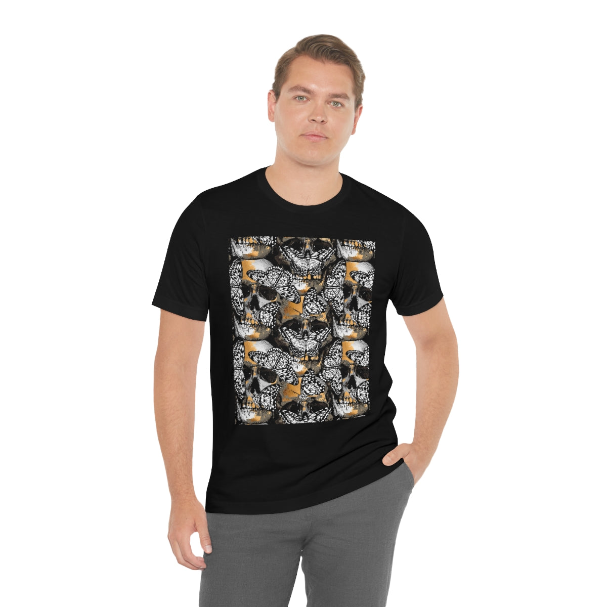 Unisex Jersey Short Sleeve Tee "Gold and silver Human skulls with & Butterflies"