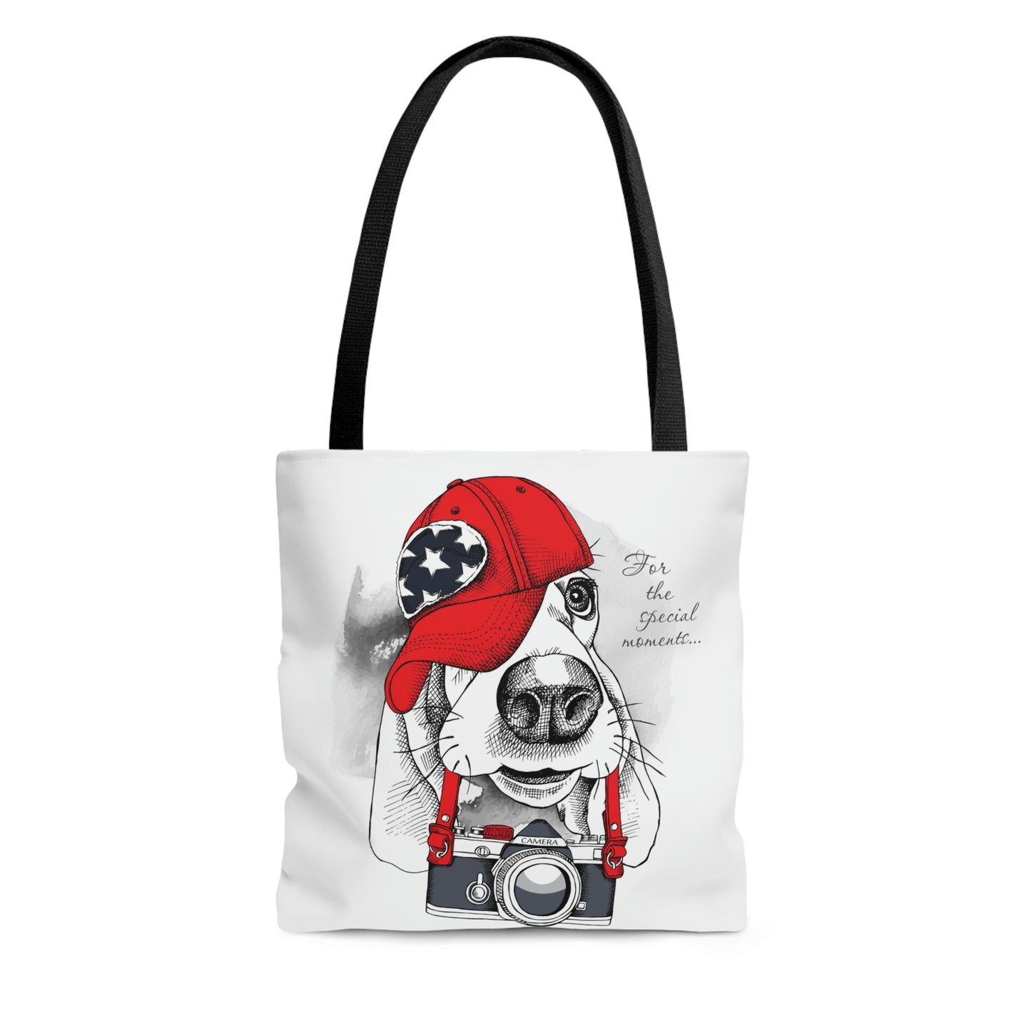 AOP Tote Bag "Dog Basset with a photo camera"