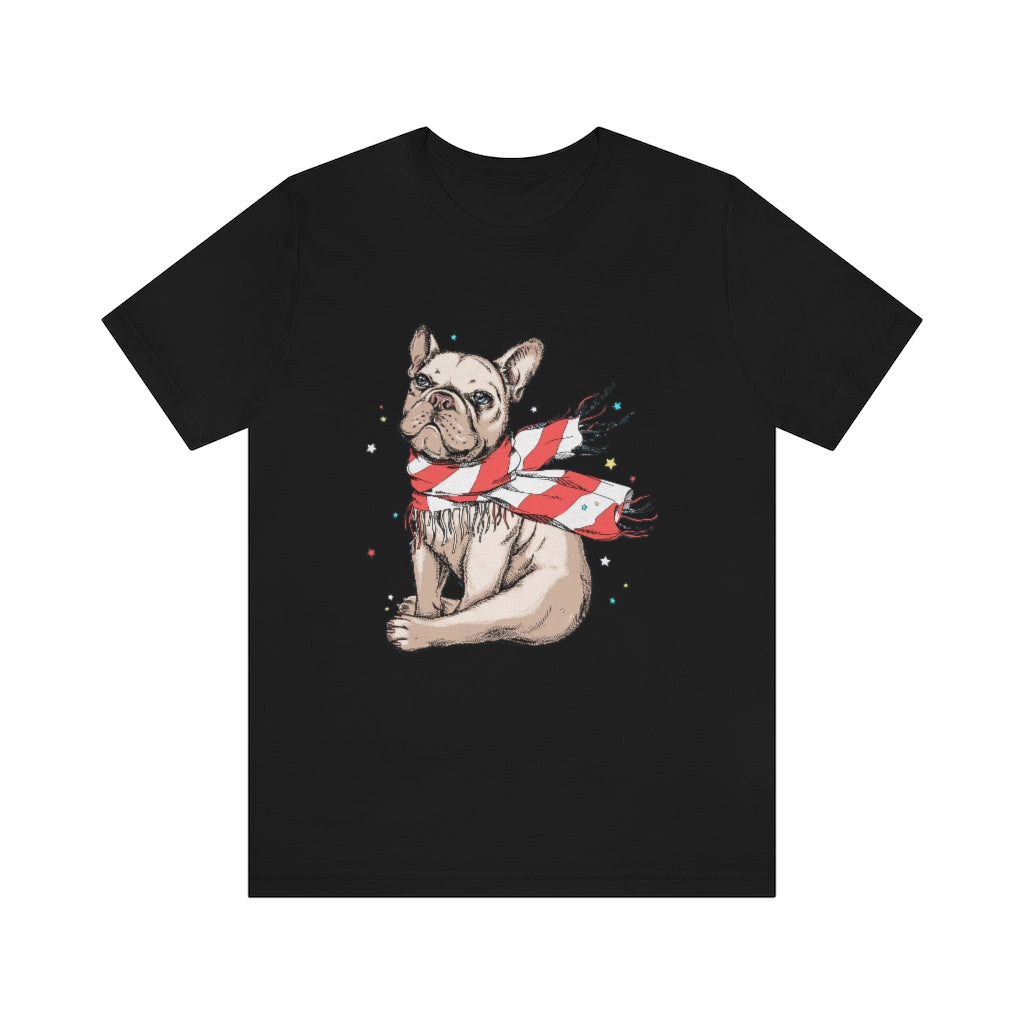 Unisex Jersey Short Sleeve Tee "French bulldog in a striped scarf"