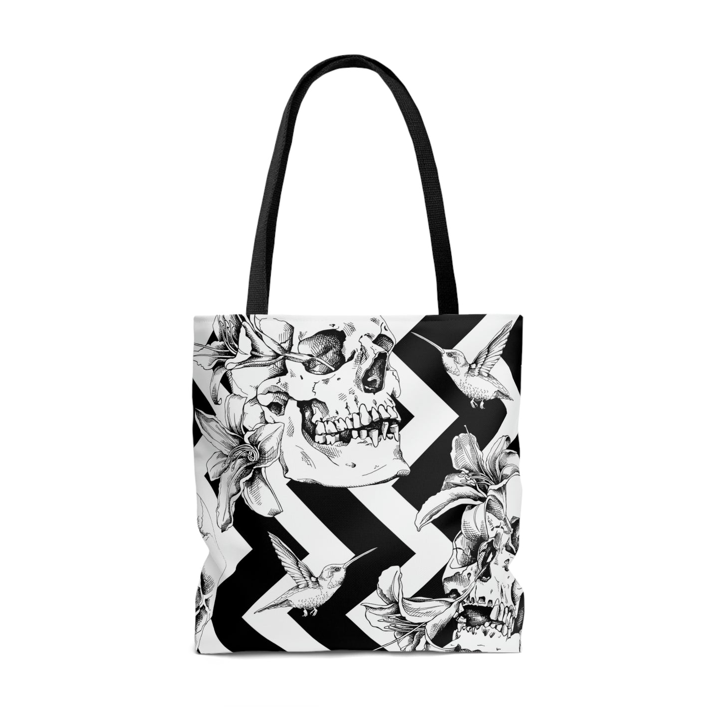 AOP Tote Bag "Human skulls with exotic flowers and bird on the geometric background"