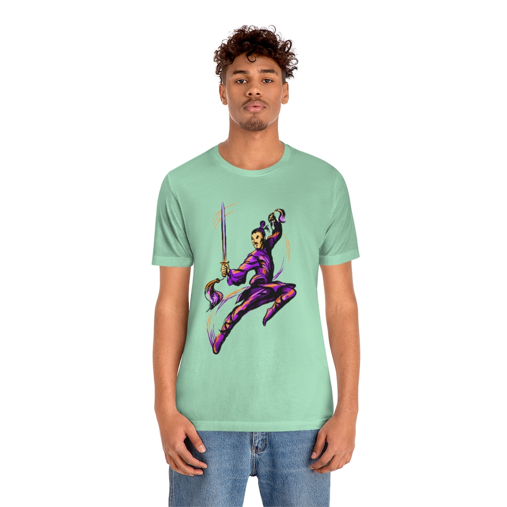 Unisex Jersey Short Sleeve Tee "Master of wushu in a purple kimono with a sword on training"