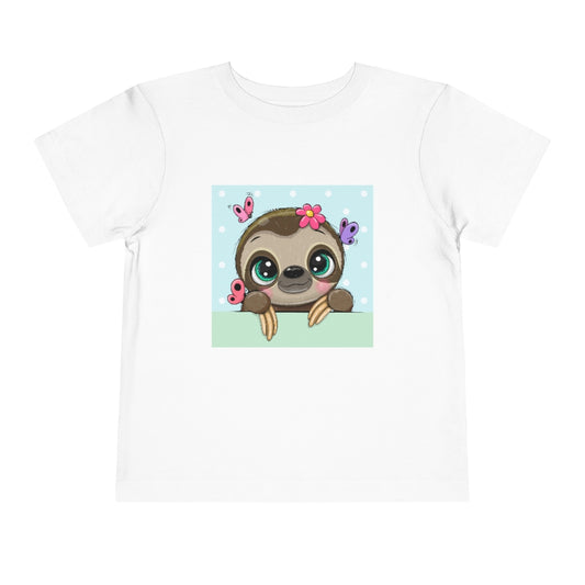 Kids Short Sleeve Tee "Cute Cartoon Sloth with butterflies on a blue background"
