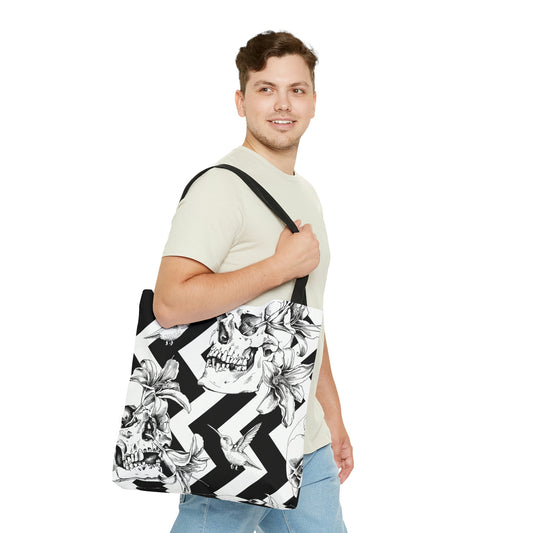AOP Tote Bag "Human skulls with exotic flowers and bird on the geometric background"