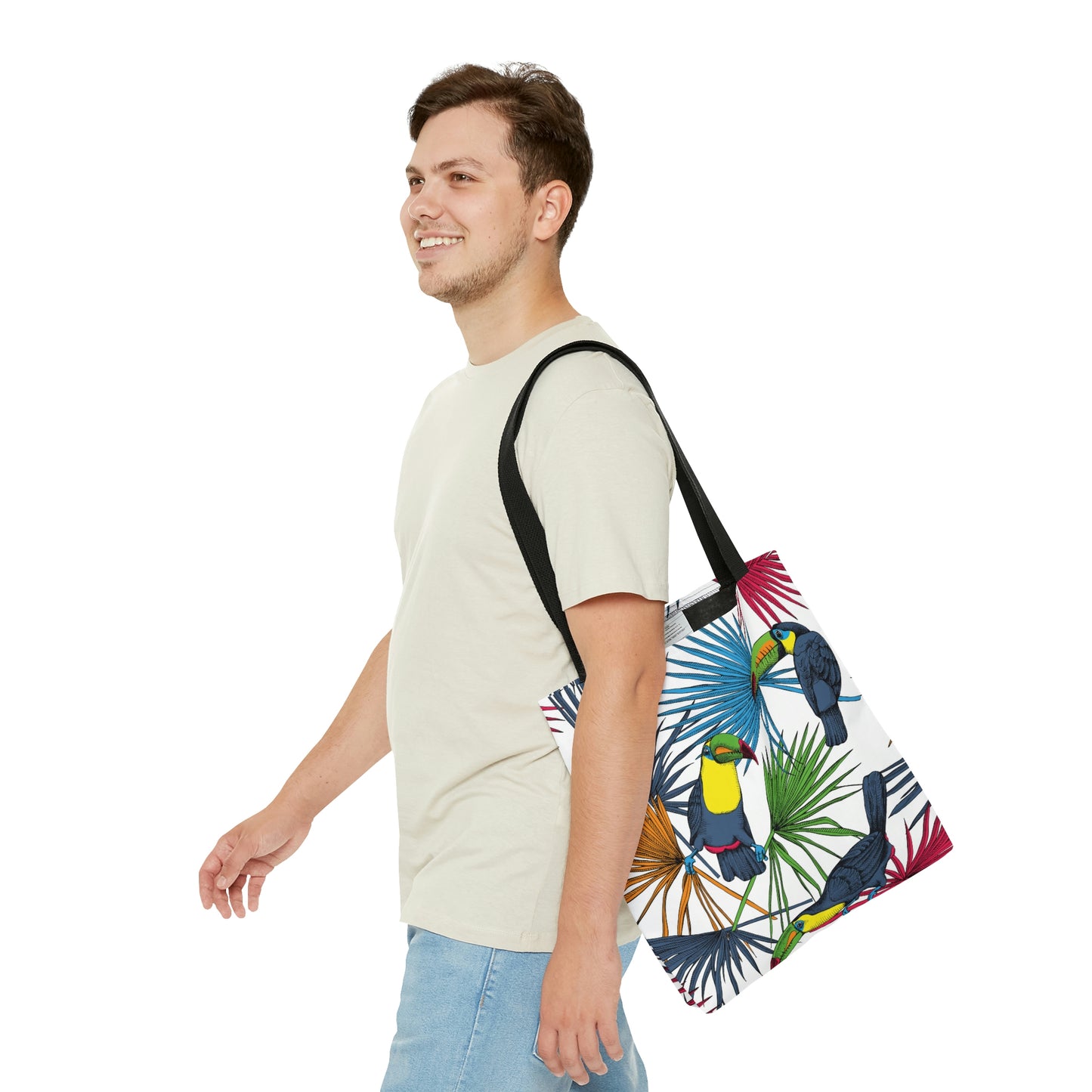 AOP Tote Bag "Tropical leaves, palm and Toucan birds"
