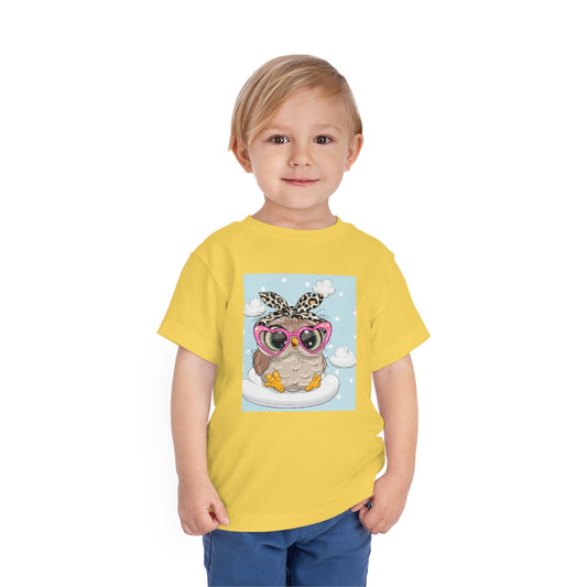 Kids Short Sleeve Tee "Cute Cartoon Owl in pink glasses on the cloud"