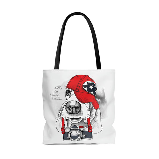 AOP Tote Bag "Dog Basset with a photo camera"