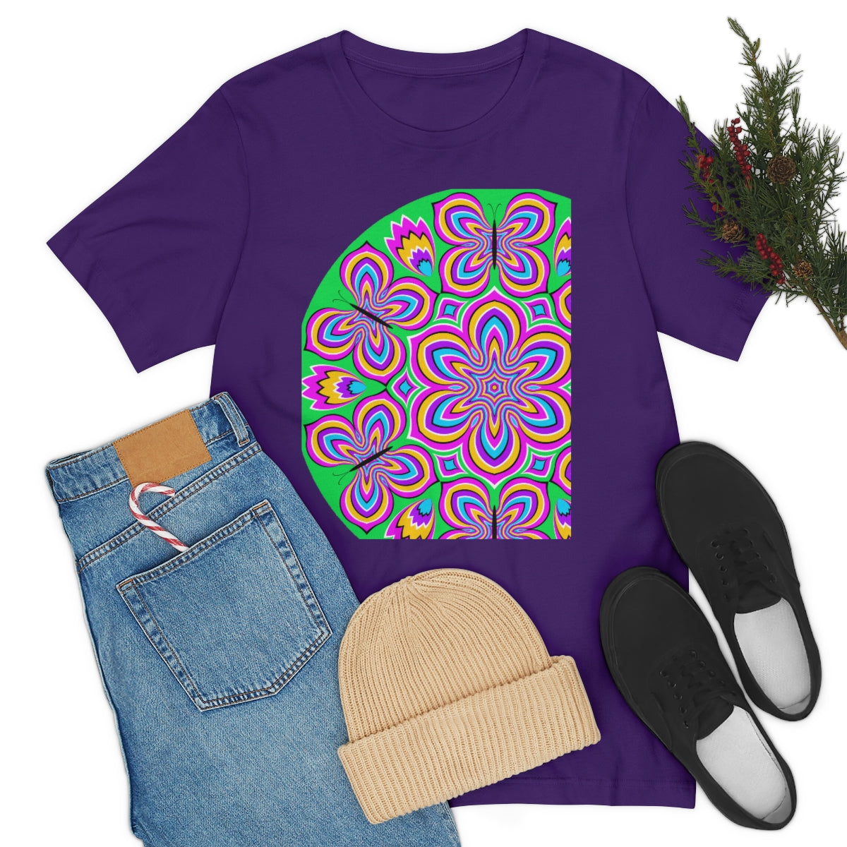 Unisex Jersey Short Sleeve Tee "Optical illusion Colorful flower and butterflies"