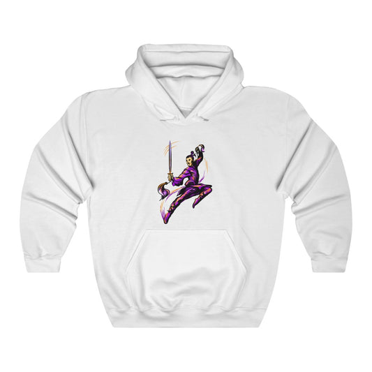 Unisex Heavy Blend™ Hooded Sweatshirt "Master of wushu in a purple kimono with a sword on training"