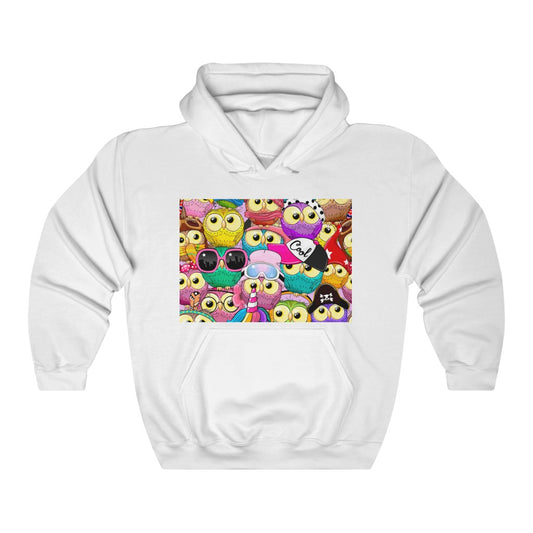 Unisex Heavy Blend™ Hooded Sweatshirt "Colorful Pattern with cute cartoon owls"