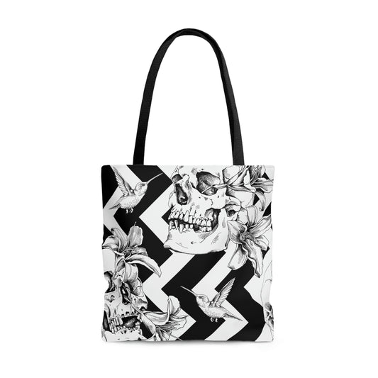 AOP Tote Bag "Human skulls with exotic flowers and bird on the geometric background"