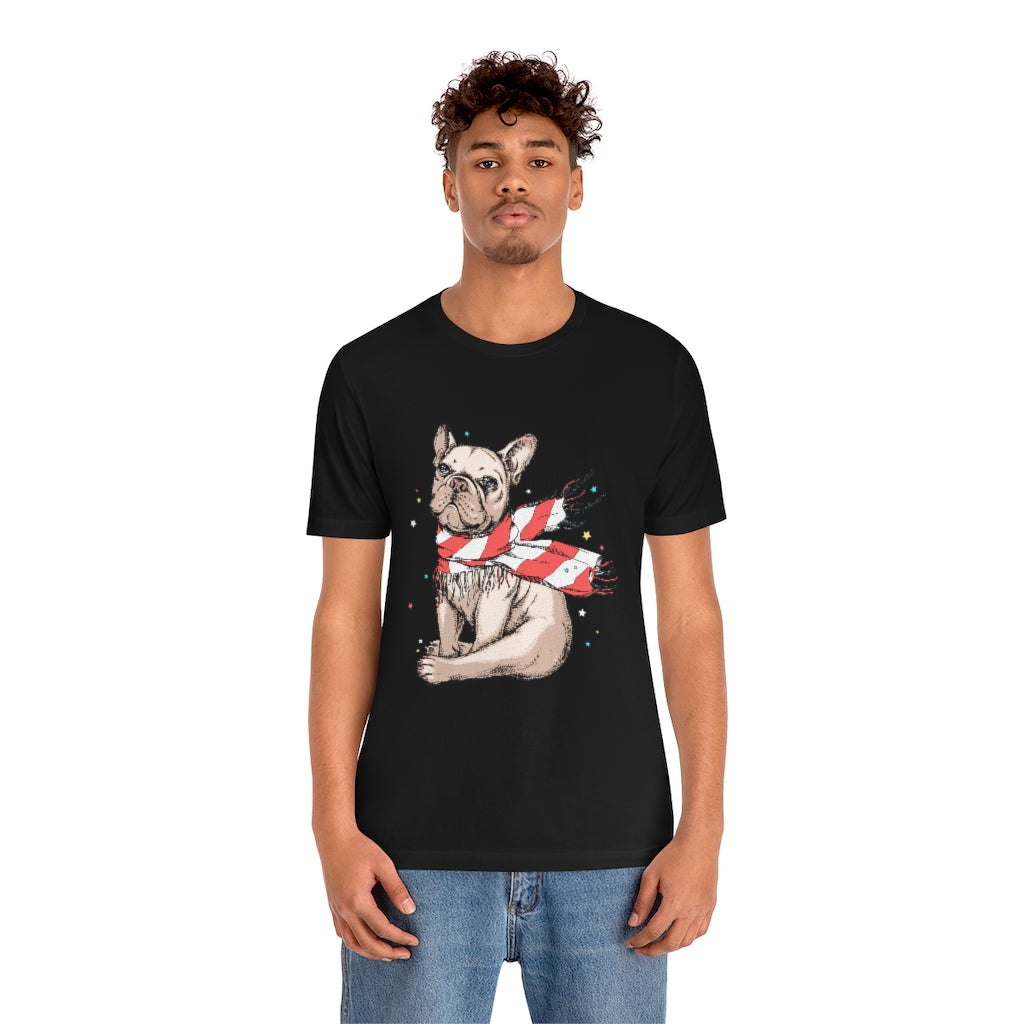 Unisex Jersey Short Sleeve Tee "French bulldog in a striped scarf"