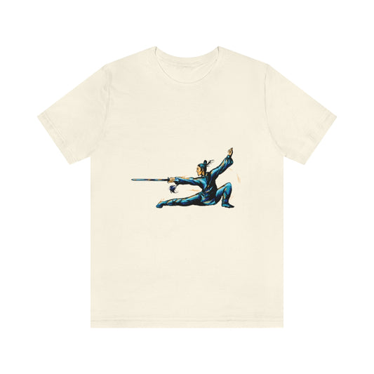 Unisex Jersey Short Sleeve Tee "Master of wushu in a blue kimono with a sword on training"