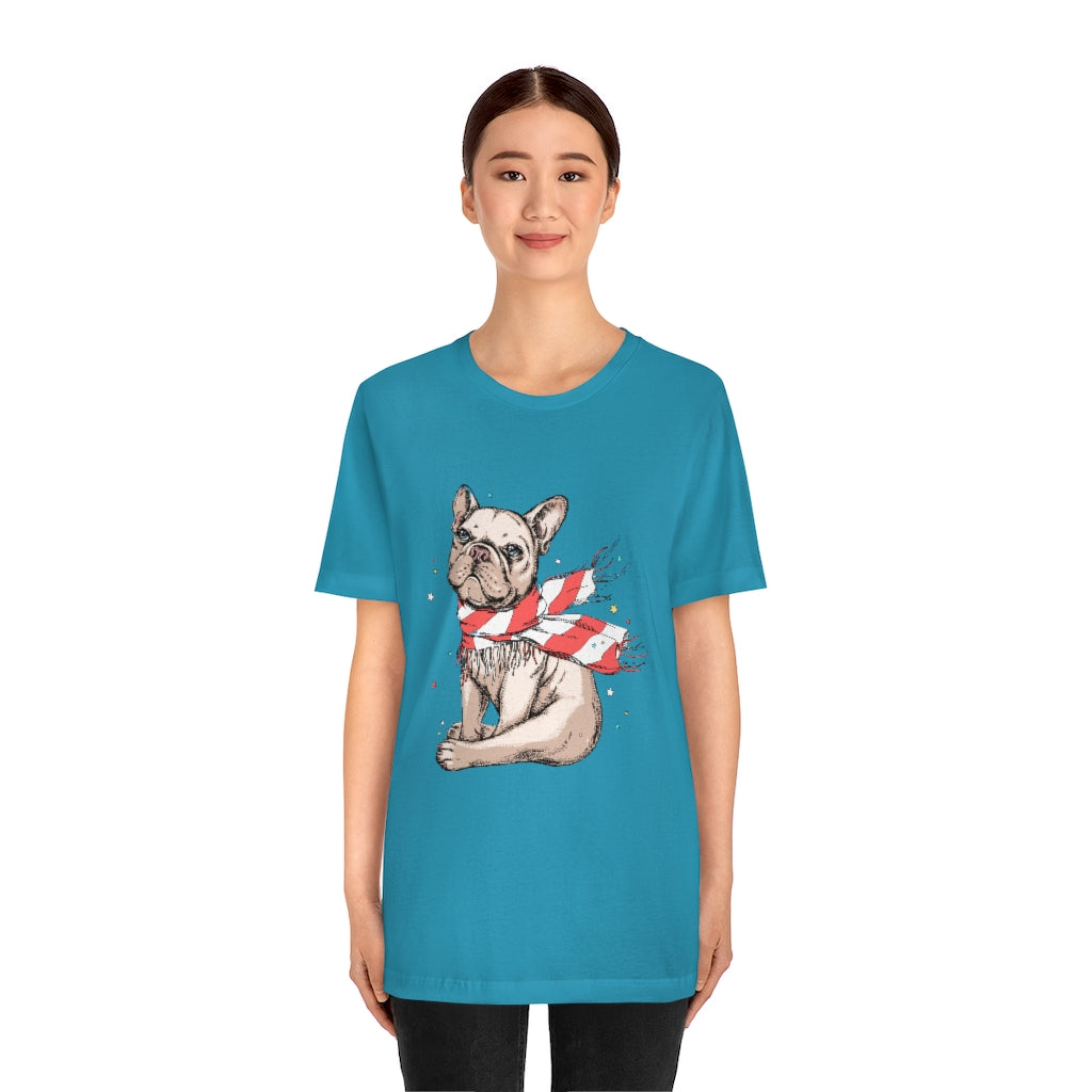 Unisex Jersey Short Sleeve Tee "French bulldog in a striped scarf"