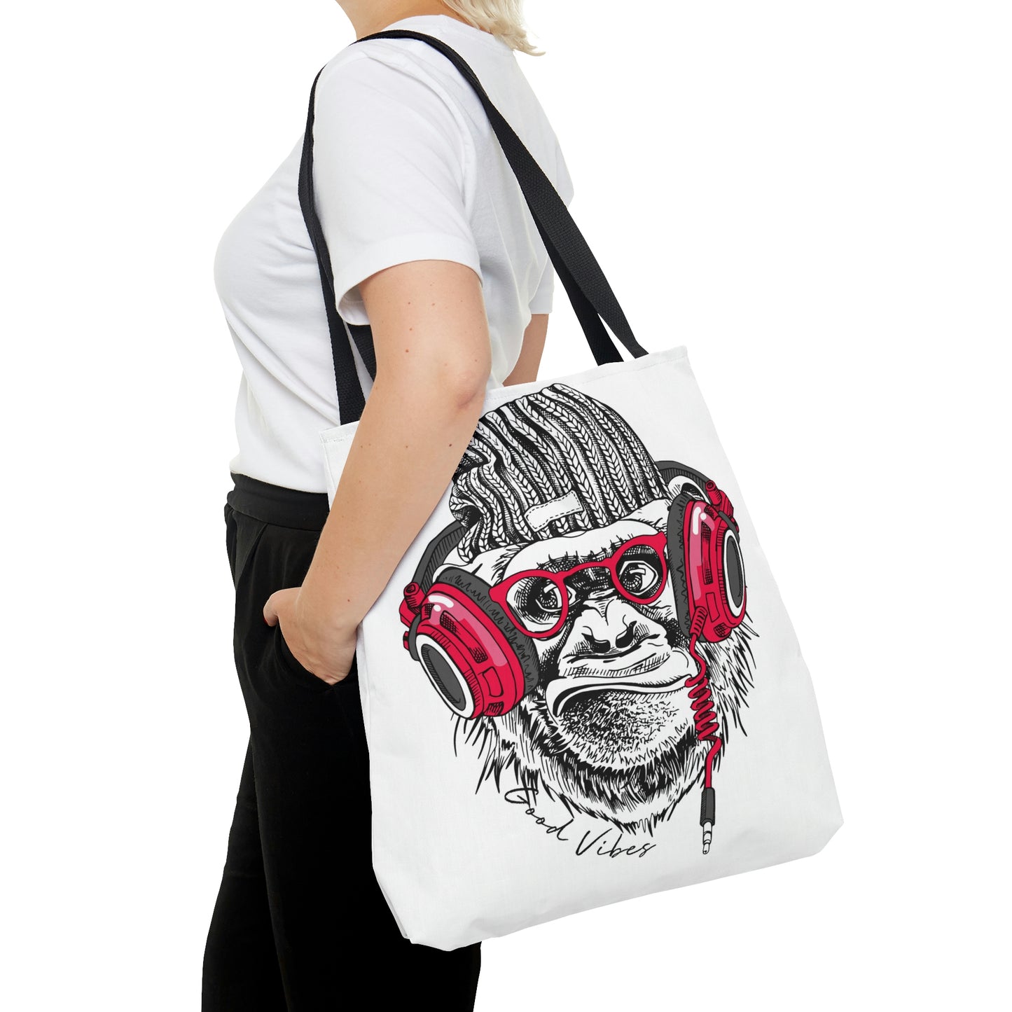 AOP Tote Bag "Funny Monkey and pink headphones"