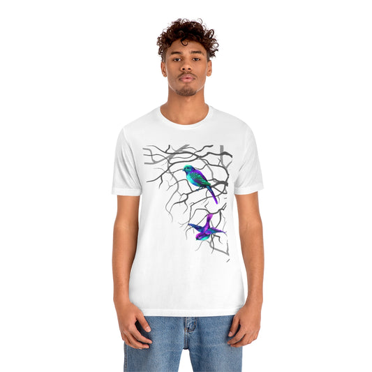 Unisex Jersey Short Sleeve Tee "Multi-colored birds sitting on tree branches"