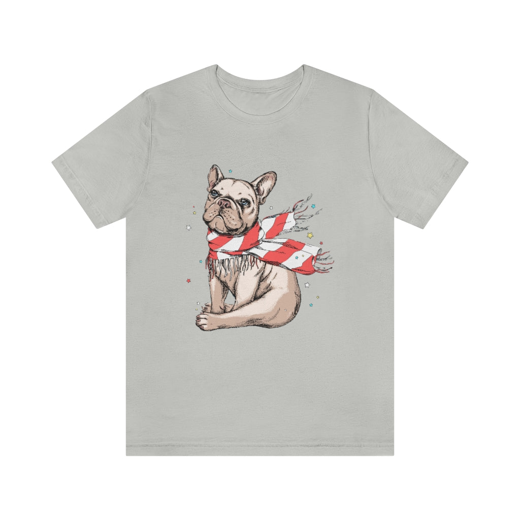 Unisex Jersey Short Sleeve Tee "French bulldog in a striped scarf"