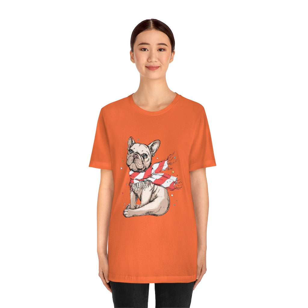 Unisex Jersey Short Sleeve Tee "French bulldog in a striped scarf"