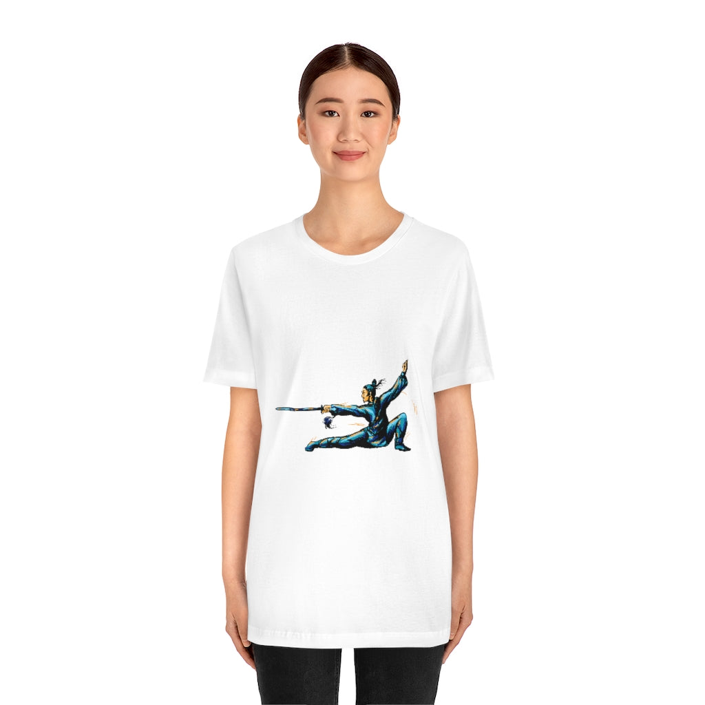 Unisex Jersey Short Sleeve Tee "Master of wushu in a blue kimono with a sword on training"