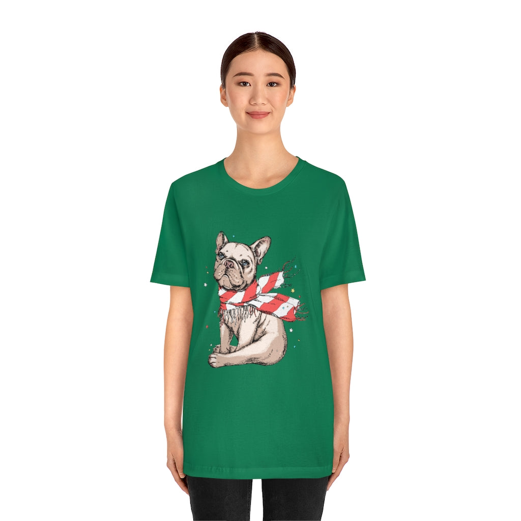 Unisex Jersey Short Sleeve Tee "French bulldog in a striped scarf"