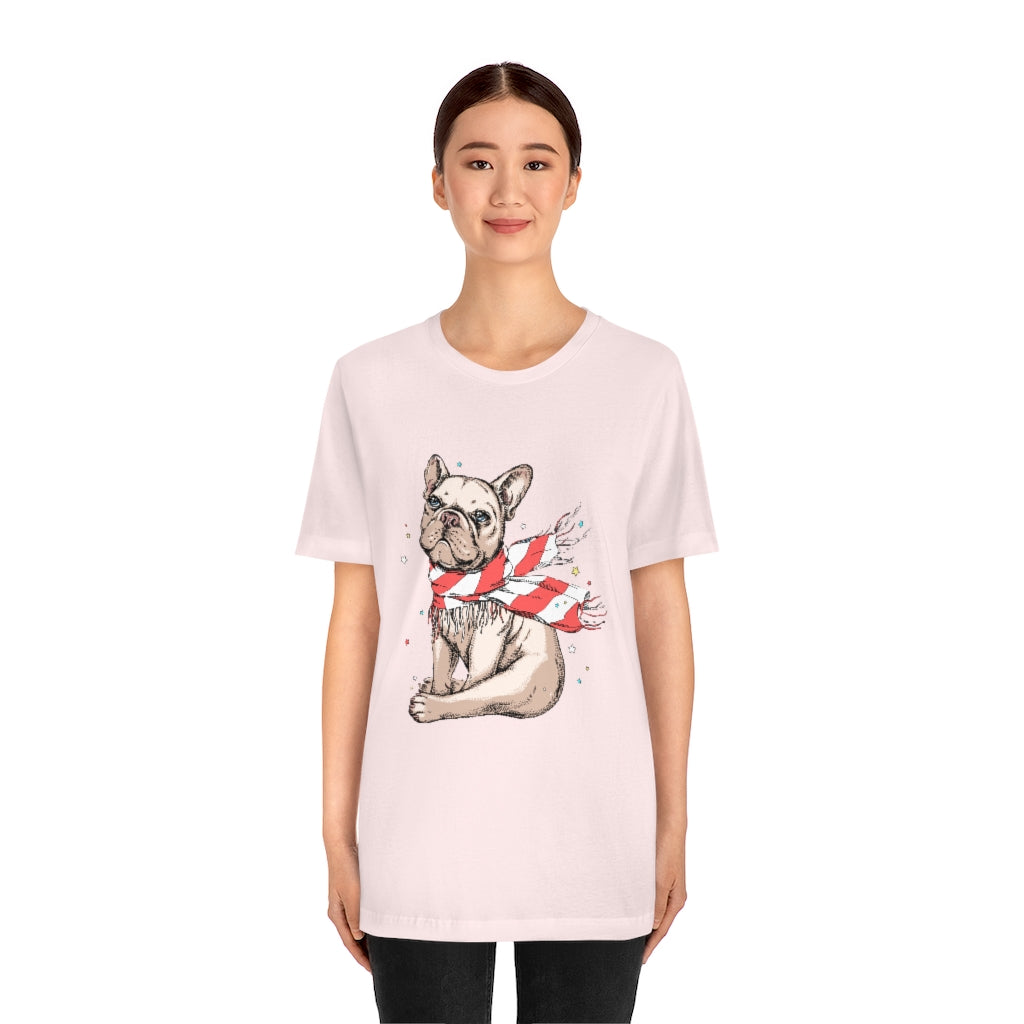 Unisex Jersey Short Sleeve Tee "French bulldog in a striped scarf"