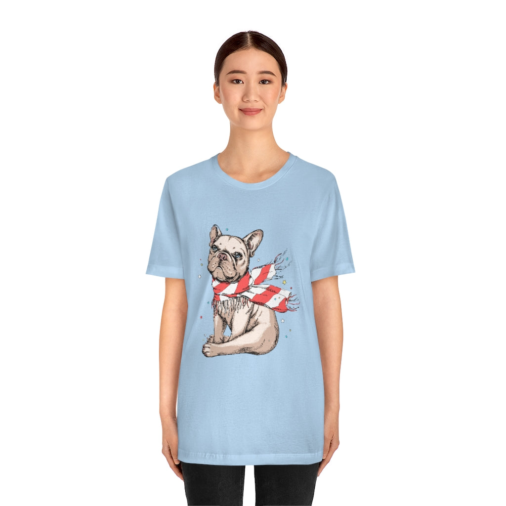 Unisex Jersey Short Sleeve Tee "French bulldog in a striped scarf"