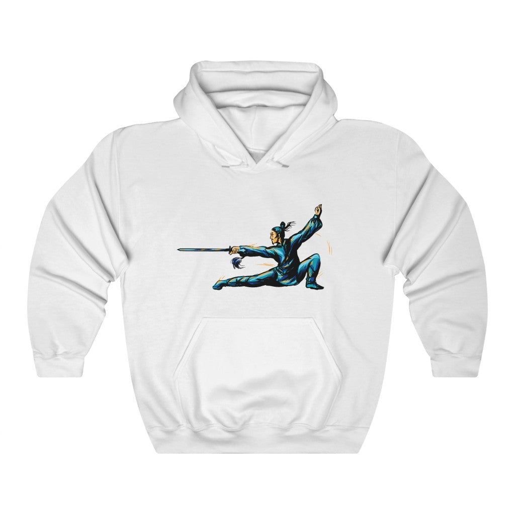 Unisex Heavy Blend™ Hooded Sweatshirt "Master of wushu in a blue kimono with a sword on training"
