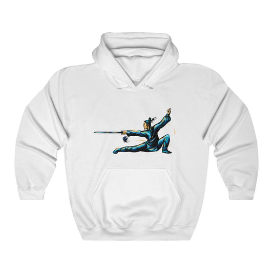 Unisex Heavy Blend™ Hooded Sweatshirt "Master of wushu in a blue kimono with a sword on training"