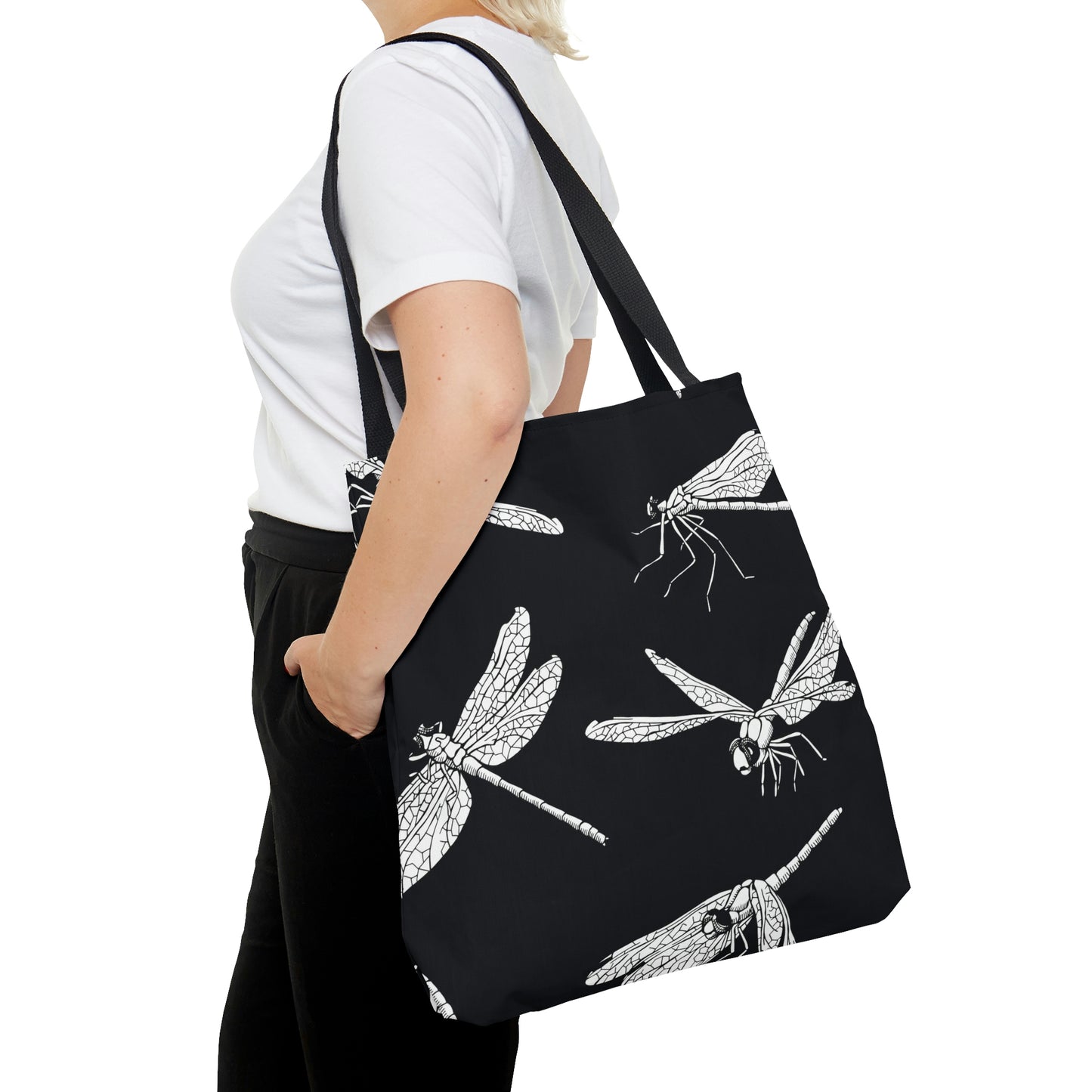 AOP Tote Bag "White dragonflies on a black background"