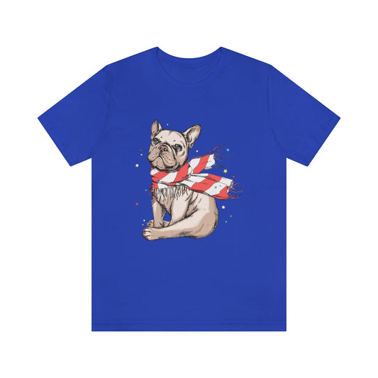 Unisex Jersey Short Sleeve Tee "French bulldog in a striped scarf"