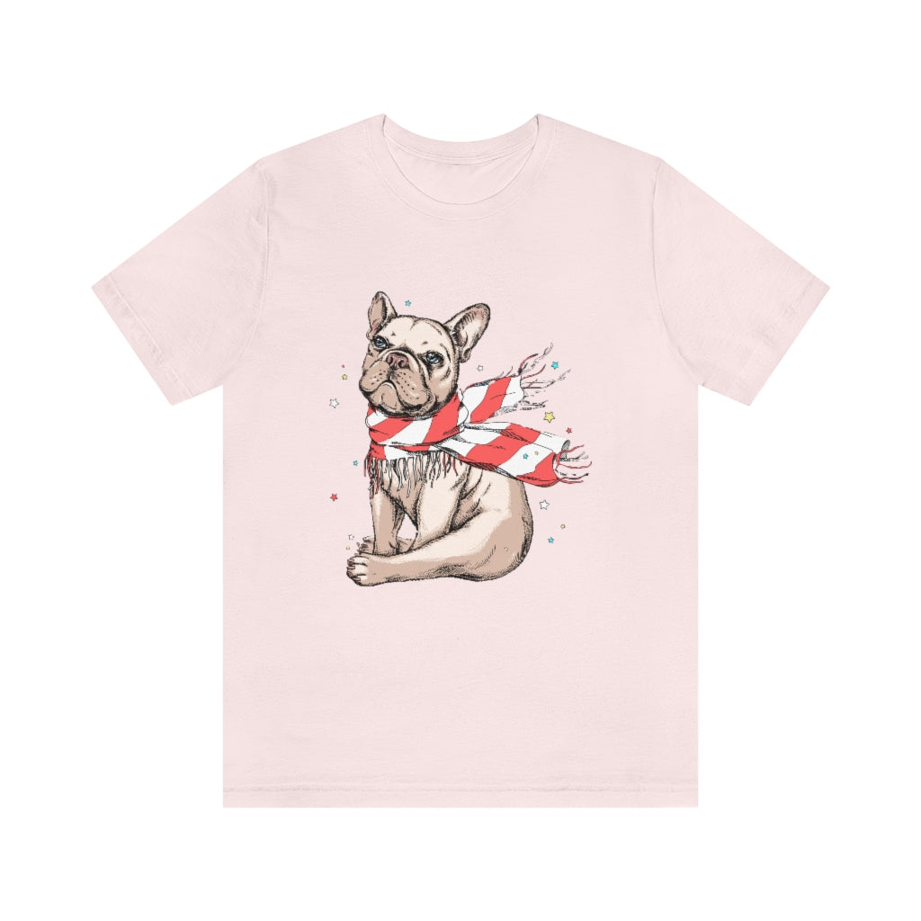 Unisex Jersey Short Sleeve Tee "French bulldog in a striped scarf"