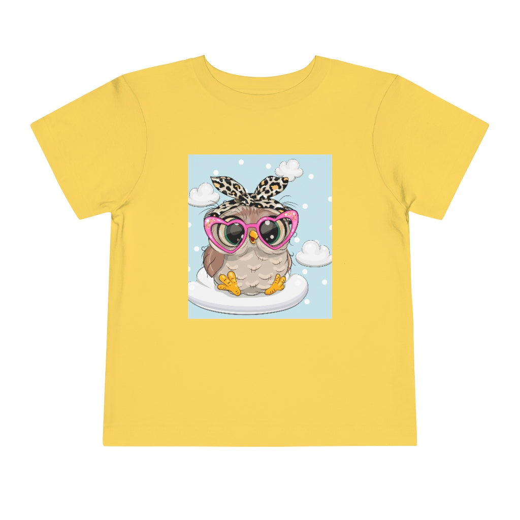 Kids Short Sleeve Tee "Cute Cartoon Owl in pink glasses on the cloud"
