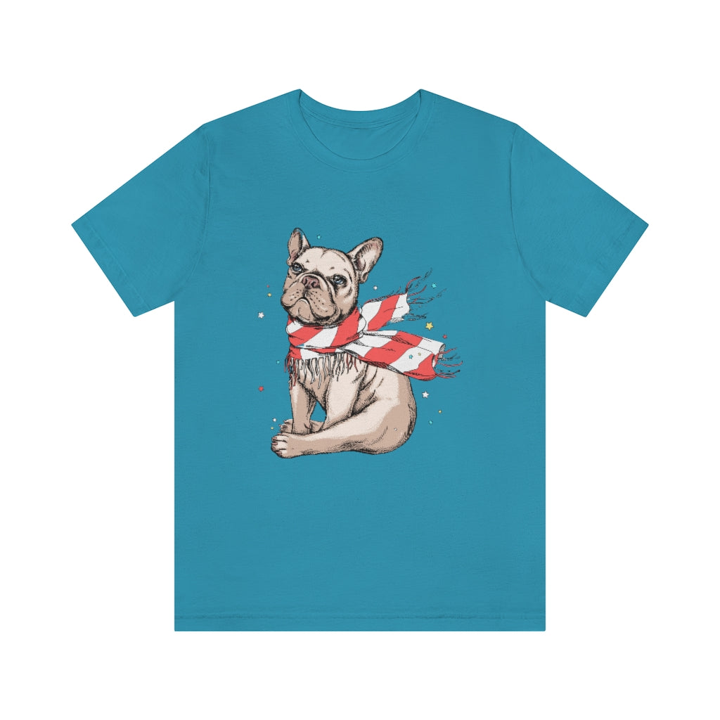 Unisex Jersey Short Sleeve Tee "French bulldog in a striped scarf"