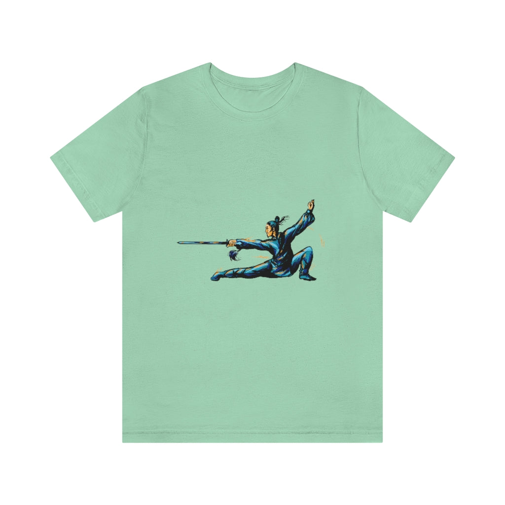 Unisex Jersey Short Sleeve Tee "Master of wushu in a blue kimono with a sword on training"