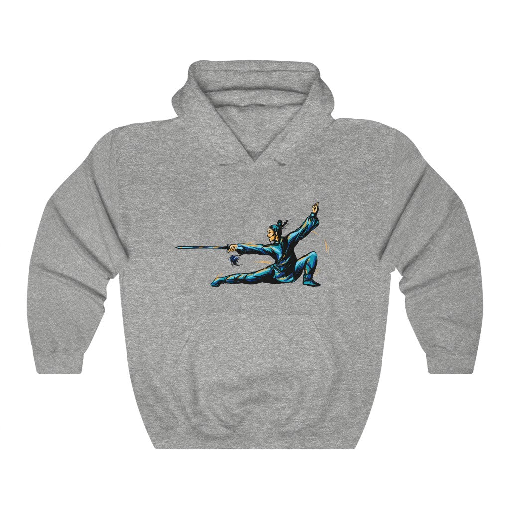 Unisex Heavy Blend™ Hooded Sweatshirt "Master of wushu in a blue kimono with a sword on training"