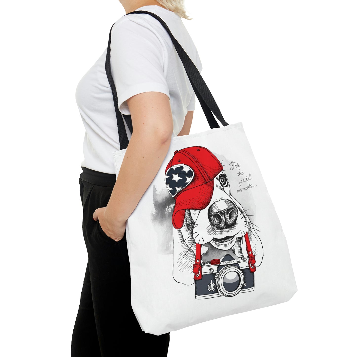 AOP Tote Bag "Dog Basset with a photo camera"