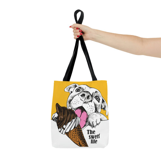 AOP Tote Bag "Happy dog with ice cream on yellow background"