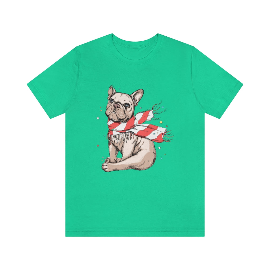 Unisex Jersey Short Sleeve Tee "French bulldog in a striped scarf"