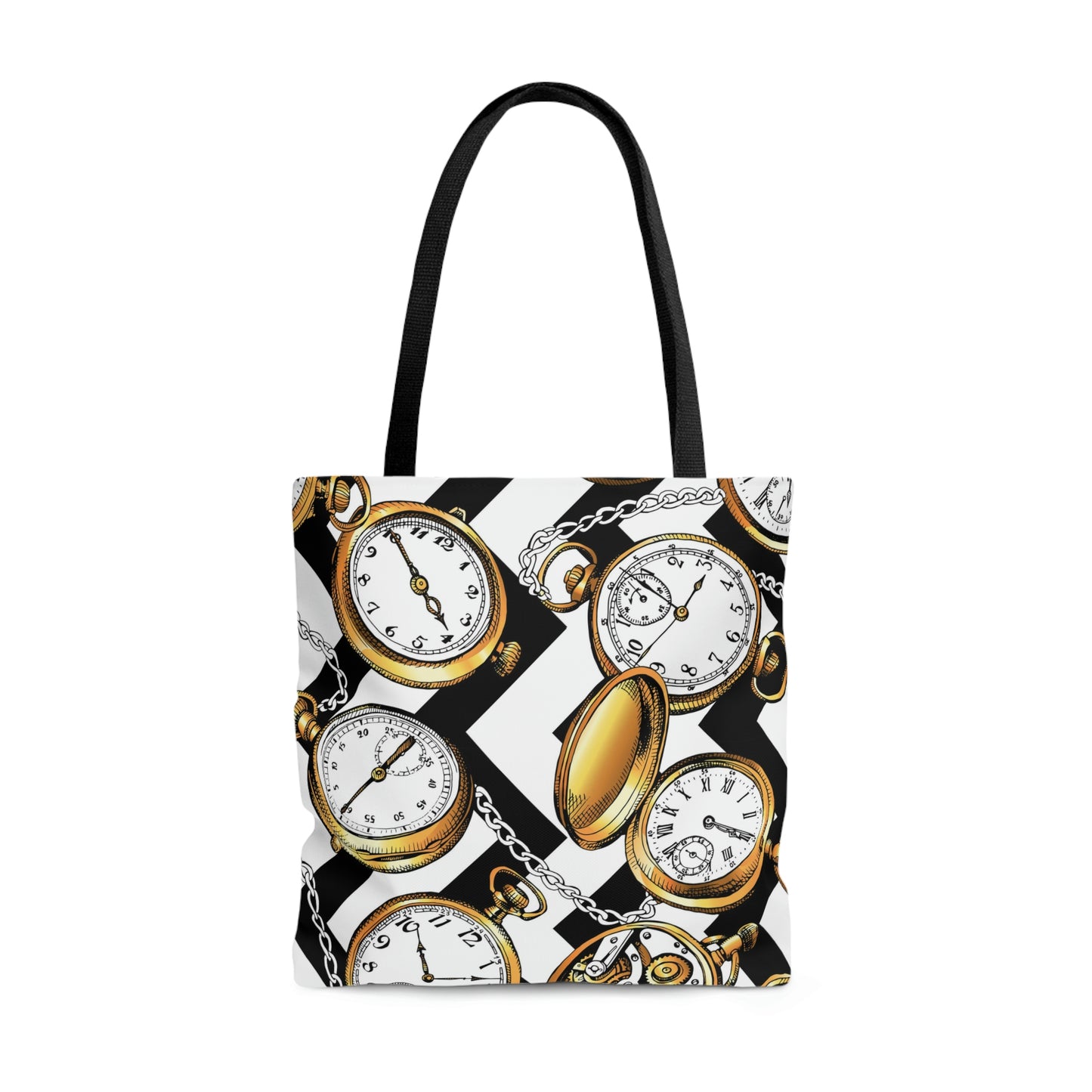 AOP Tote Bag "Gold Vintage watches and a chain on a geometric background"