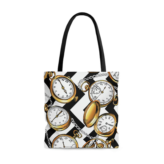 AOP Tote Bag "Gold Vintage watches and a chain on a geometric background"