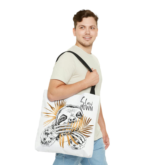 AOP Tote Bag "Cute Sloth with gold palm leaves. Slow down"