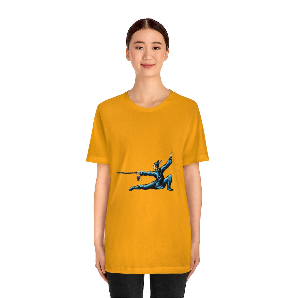 Unisex Jersey Short Sleeve Tee "Master of wushu in a blue kimono with a sword on training"