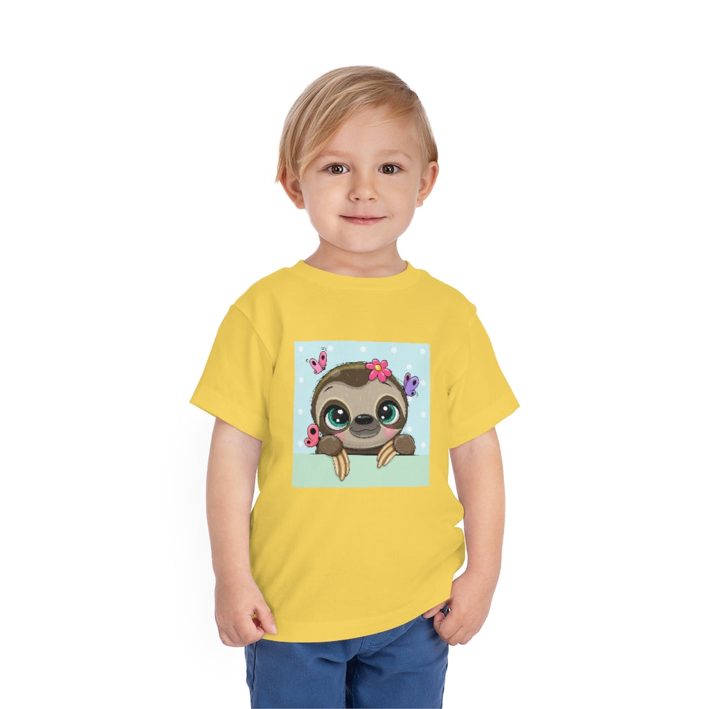 Kids Short Sleeve Tee "Cute Cartoon Sloth with butterflies on a blue background"