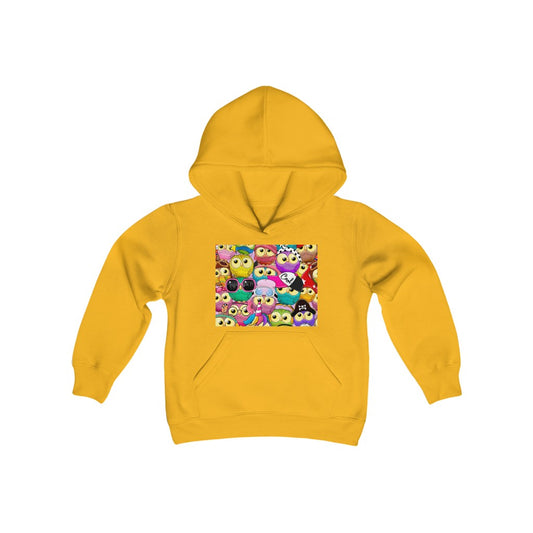 Youth Heavy Blend Hooded Sweatshirt "Colorful Pattern with cute cartoon owls"