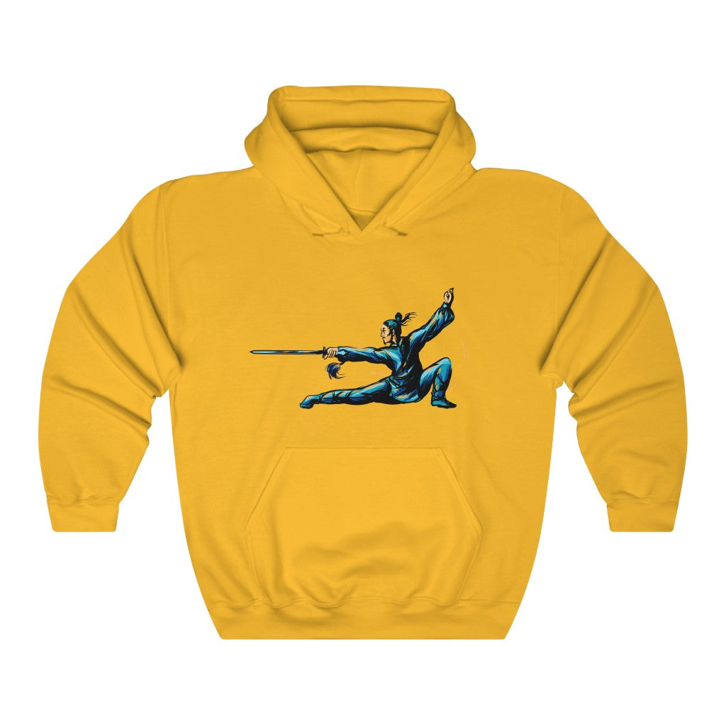 Unisex Heavy Blend™ Hooded Sweatshirt "Master of wushu in a blue kimono with a sword on training"