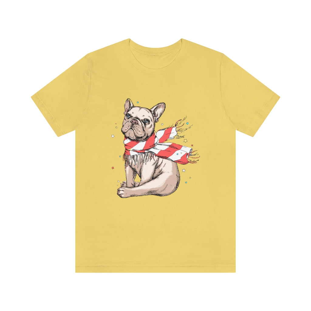 Unisex Jersey Short Sleeve Tee "French bulldog in a striped scarf"